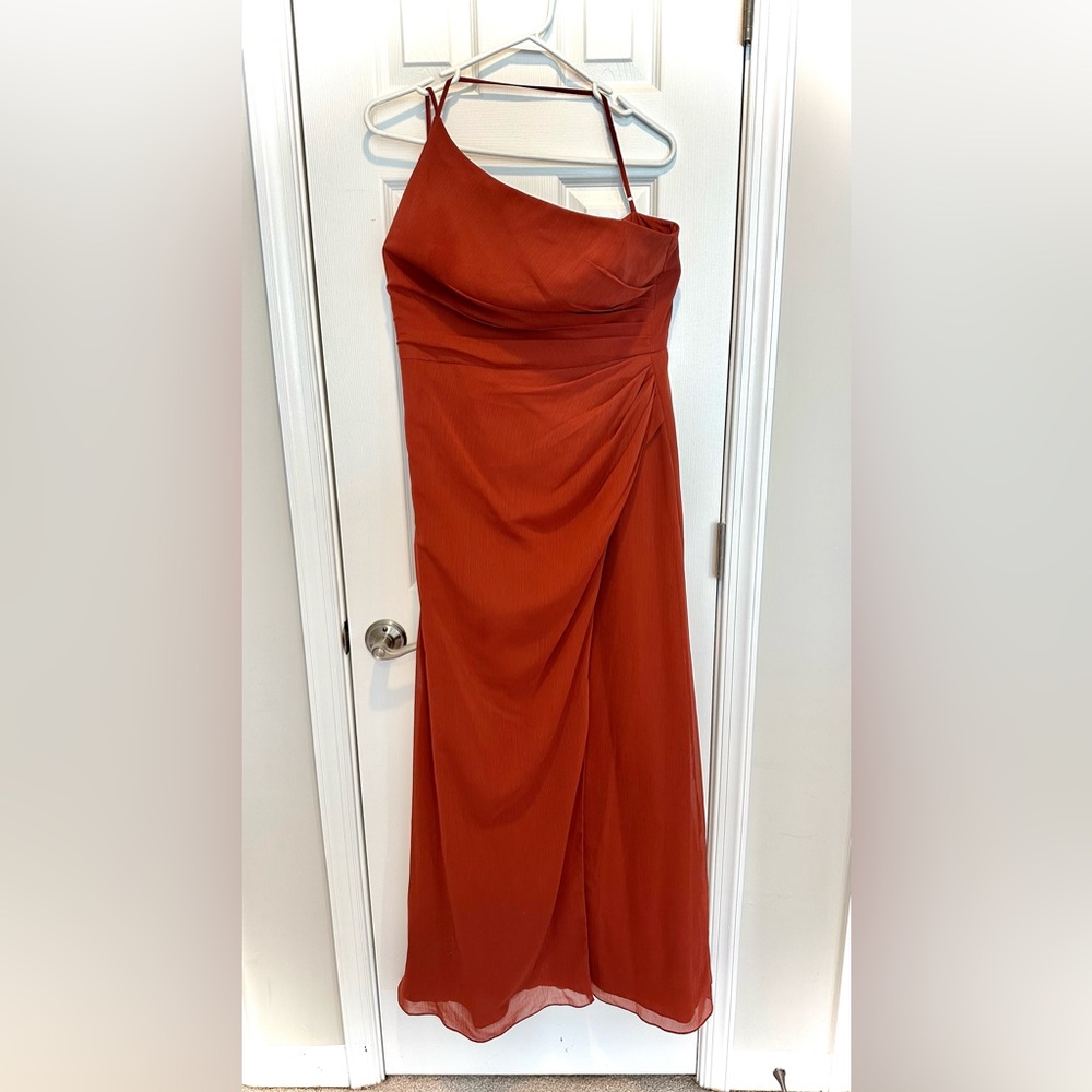 David’s Bridal Rust One Shoulder Chiffon Bridesmaid Dress- Size 12- Floor Length